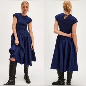 FREE PEOPLE Afternoon Elegance Navy Blue Midi
Dress Flattering Modest